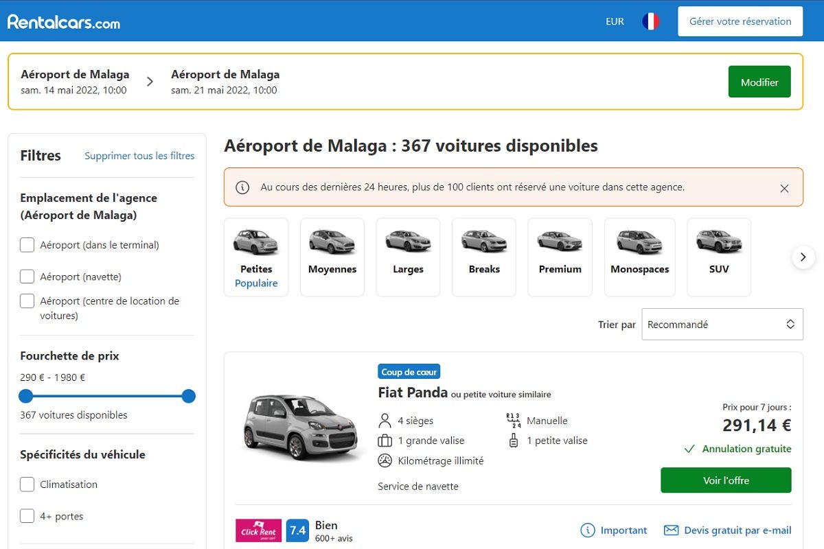 Capture d'écran du comparateur Rentalcars pour une location de voiture à Malaga