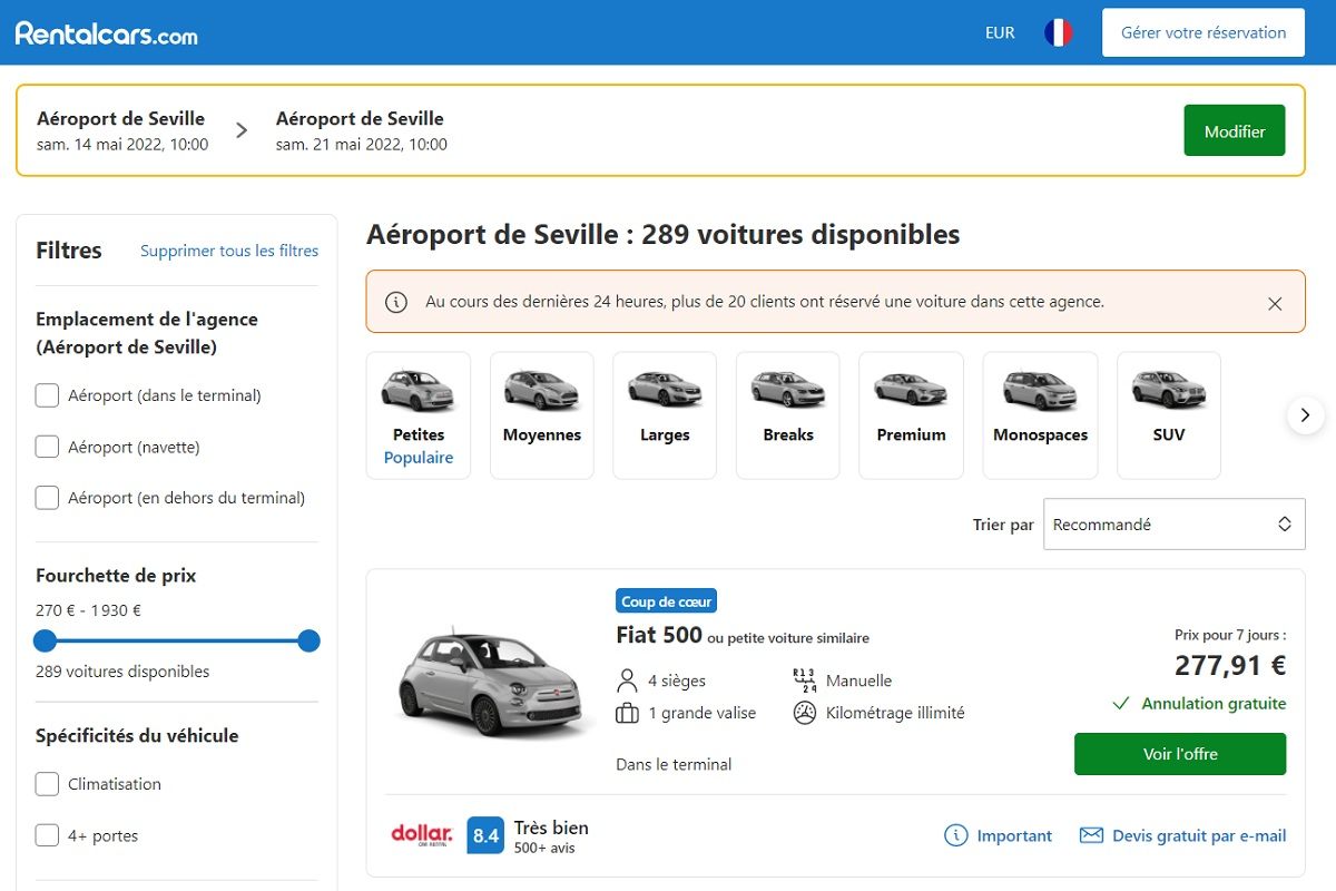 Capture d'écran du comparateur Rentalcars pour une location de voiture à Séville